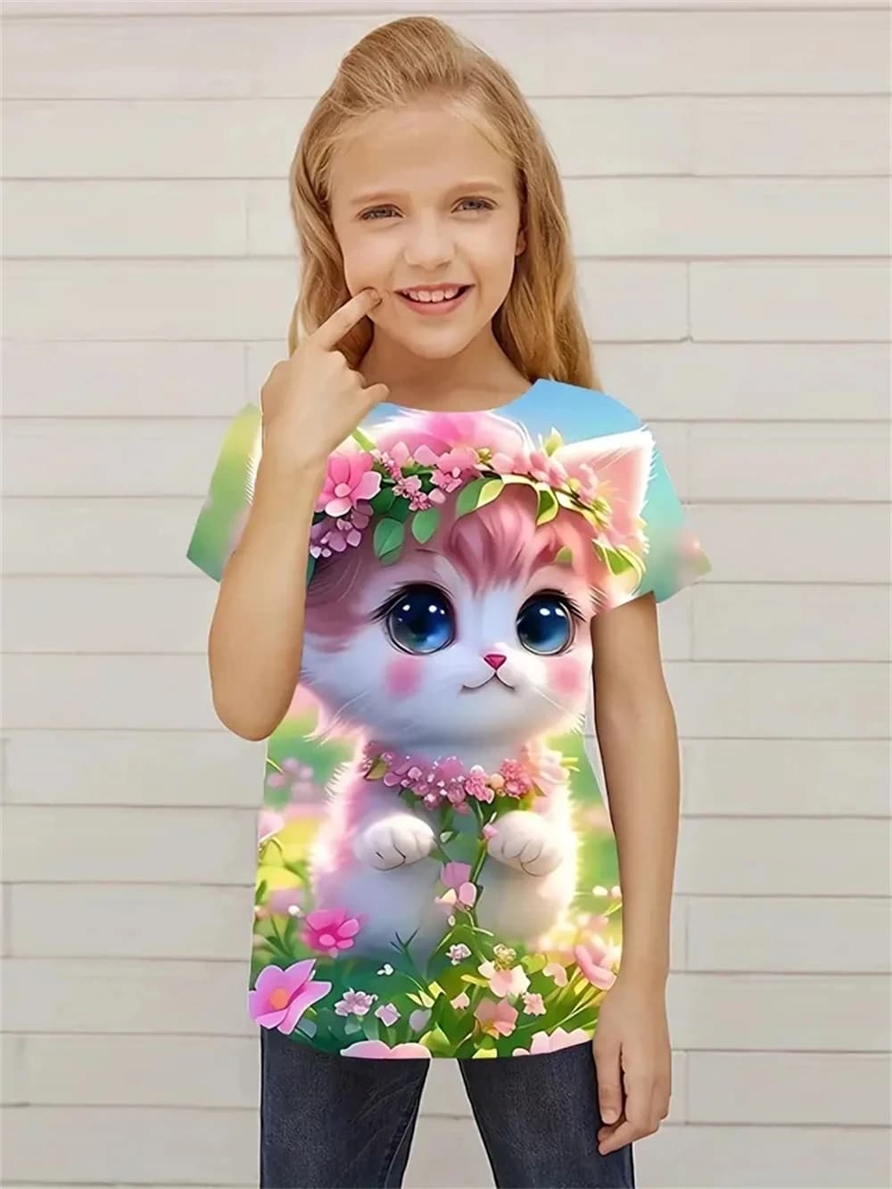 New Girl Garden Cats Print 3D Short Sleeved T-shirt Trendy New Tees for Kids Party Fun Daily T-shirt Girls Top Clothing