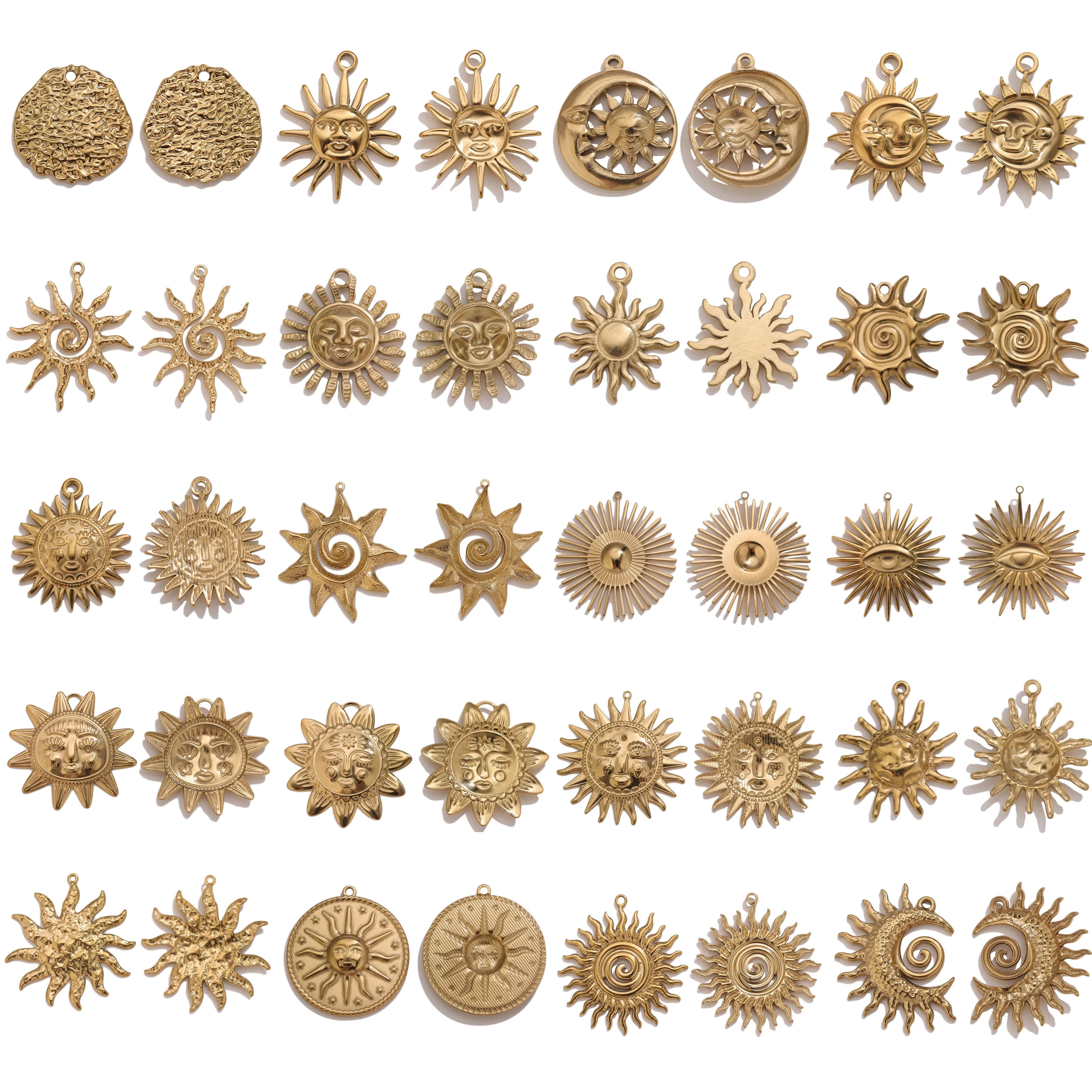 5pcs PVD Gold Charms Stainless Steel Sun Charm Vintage Round Embroidery Pendant Findings for DIY Earring Necklace Jewelry Making
