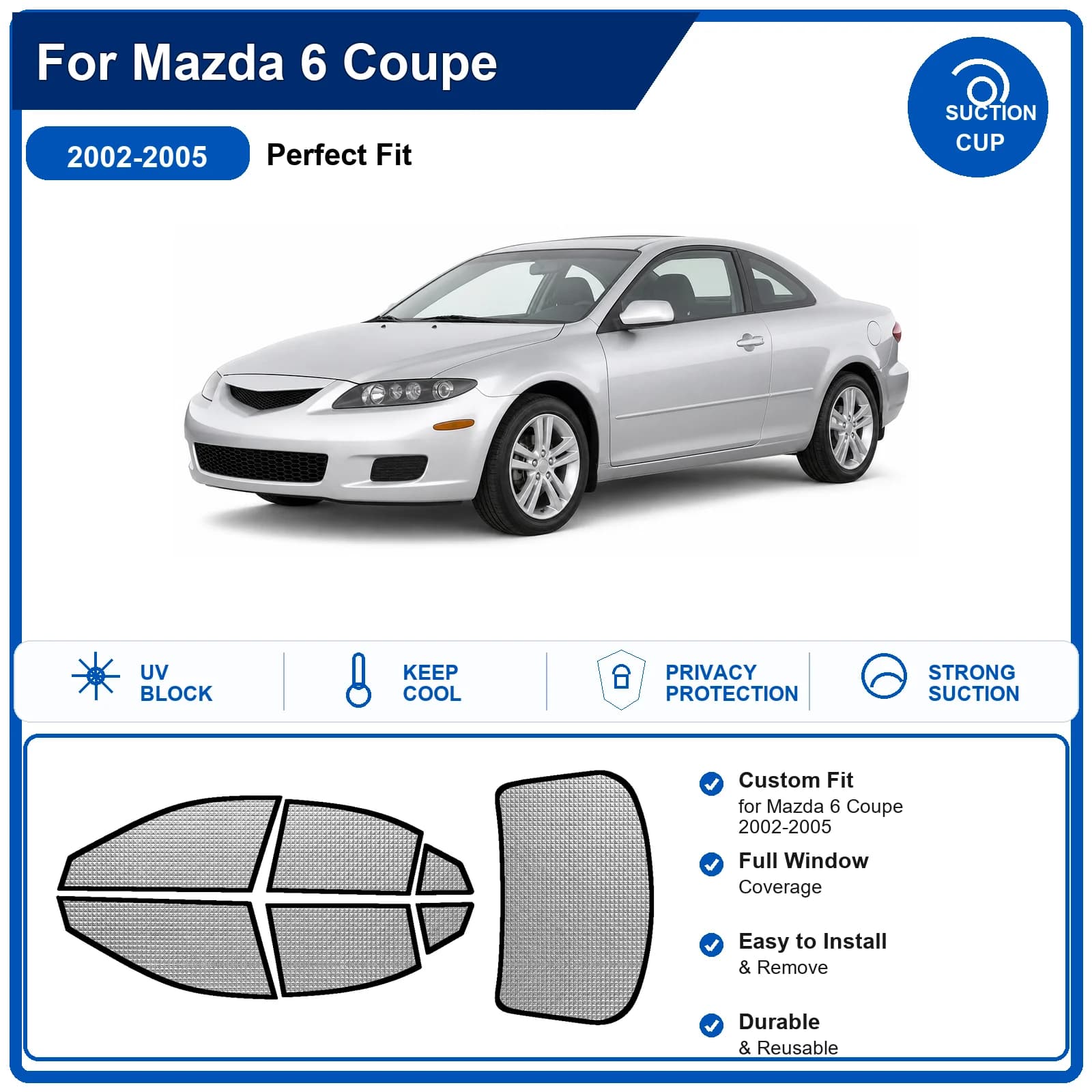 For Mazda 6 Coupe 2002-2005 Custom Full Set Windshield Sun Shade Aluminum Foil Heat Insulation Anti UV Foldable