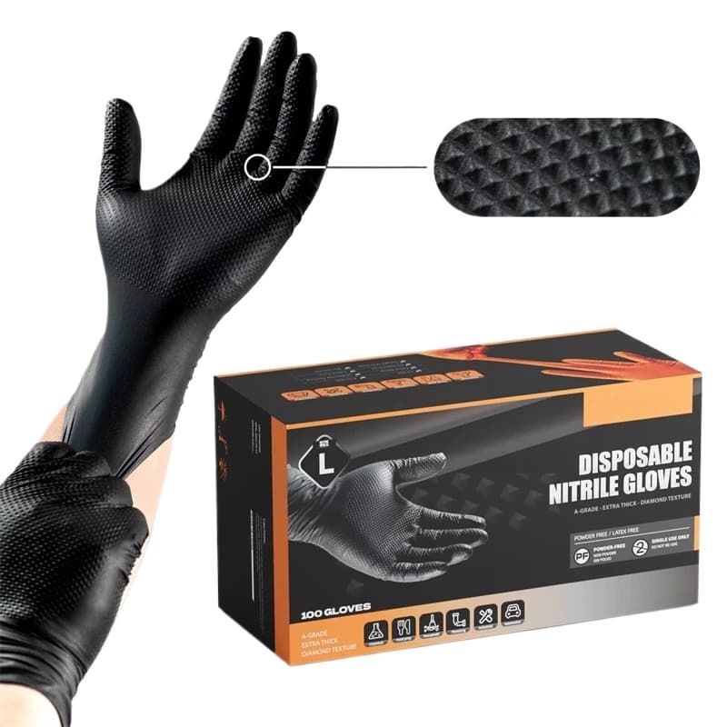 Guanti Industriali in Nitrile Nero 8mil, Resistenti, Monouso, con Texture a Diamante, Senza Lattice, per Meccanici, Tatuatori e Settore Automobilistico
