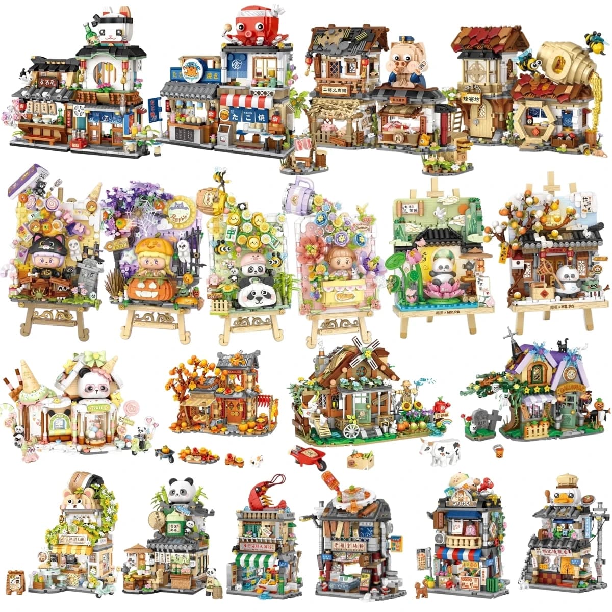 Blocchi da costruzione Street View House Building Blocks Izakaya Shaved Ice Shop Takoyaki Shop Coffee Shop Panda Tea House, regalo per bambini