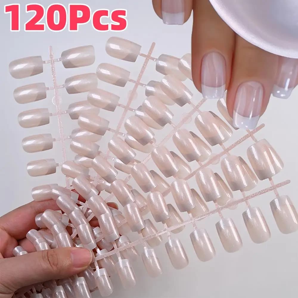 120 pieces of french fake nails perlescent shiny 12 square short size print on simple nails detachable cover complete tips for fake nails