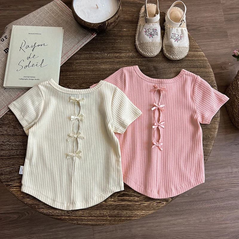 Girls Summer T-shirts New Toddler Bow Short-sleeved Tops Kids Versatile Sweet Simple Blouse Children Casual Thin Clothing 2-8Y