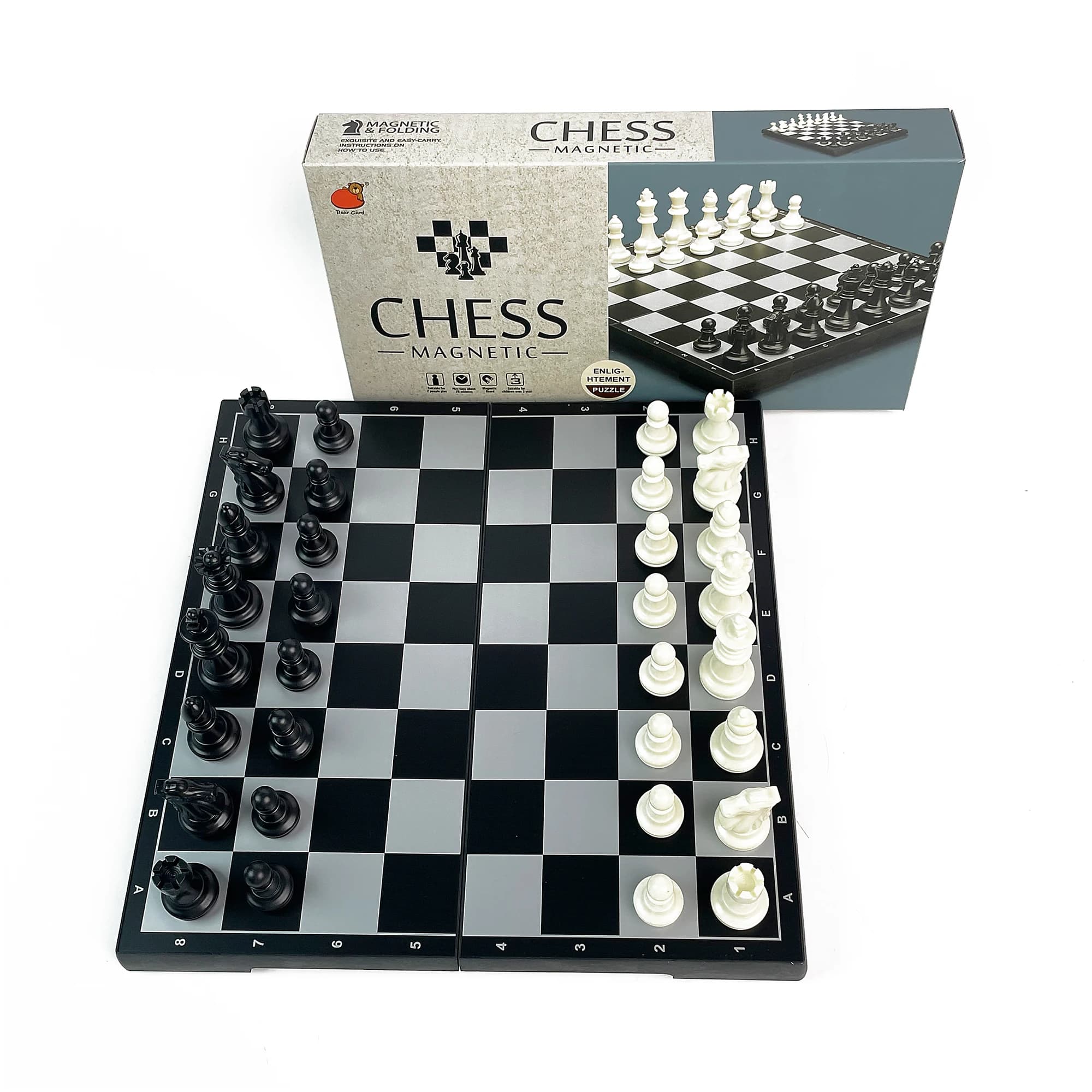 Scacchiera magnetica pieghevole bianca e nera da 31 cm x 31 cm, set da viaggio portatile in plastica per tavolo da gioco all'aperto