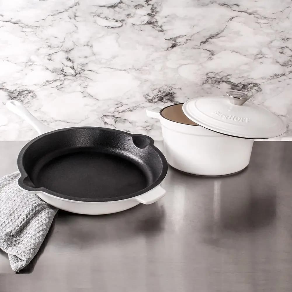 Set di pentole in ghisa smaltata da 3 pezzi: pentola olandese da 3qt, padella da 10qt, bianco, adatto al forno fino a 400°F ° F