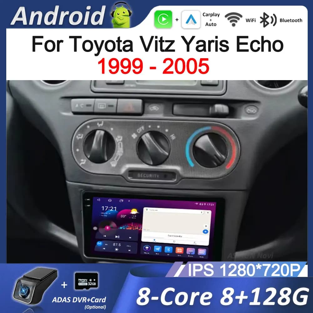 Per Toyota Vitz Yaris Echo 1999 - 2005 Autoradio Lettore multimediale Sistema operativo Android Bluetooh 4G DSP Stereo WiFi QLED Schermo Strumenti automatici