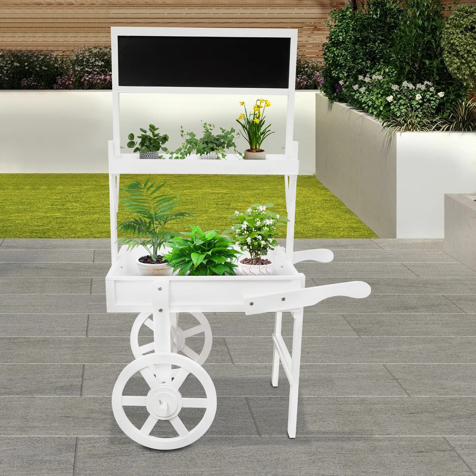 Plant holders with board, flower pot display with decorative wheels, promotional vehicles for shopping mall,