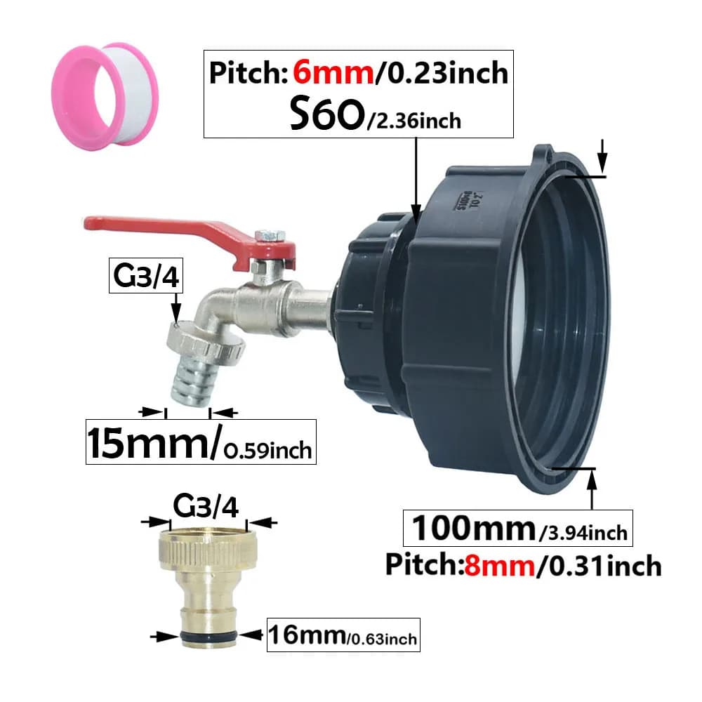 Rubinetto per Serbatoio IBC da 80mm 100mm, Adattatore S60x6mm, Raccordo per Tubo da 16mm, Valvola per Irrigazione Giardino