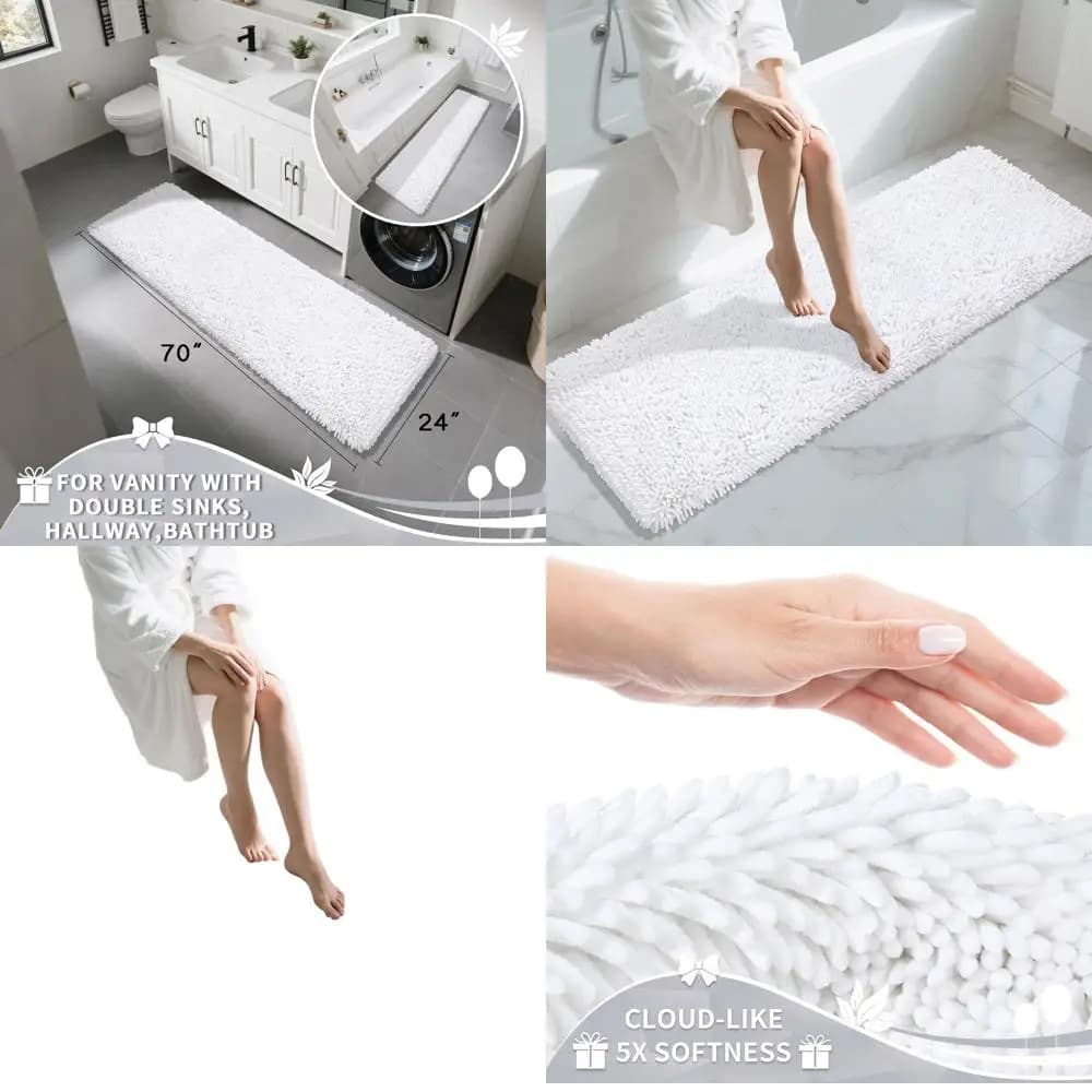 Tappetino da Bagno in Ciniglia Spesso e Morbido 70x24 Pollici, Assorbente, Antiscivolo e Lavabile in Lavatrice per Bagno, Vasca, Doccia, Bianco