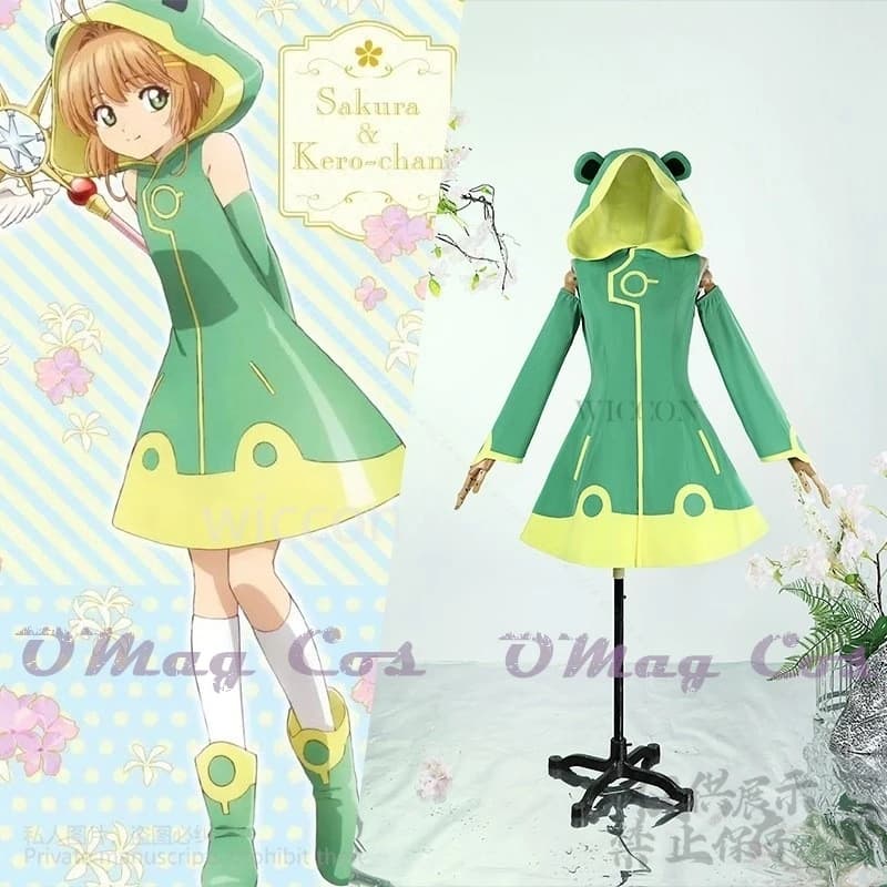 Anime Card Captor Kinomoto Sakura Cosplay Sakura Costume Impermeabile Rana Pelosa Uniforme Vestito Verde Lolita Kawaii Parrucche Personalizzato