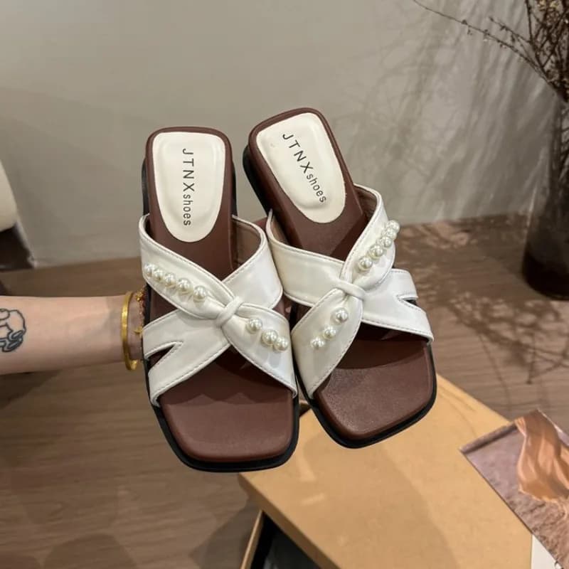 Pantofole basse da donna con perline 2025 Scarpe estive Sandali con punta quadrata Tendenza Casual Comfort Infradito Abito Presentazioni aziende produttrici giochi Beach Mujer Zapatos