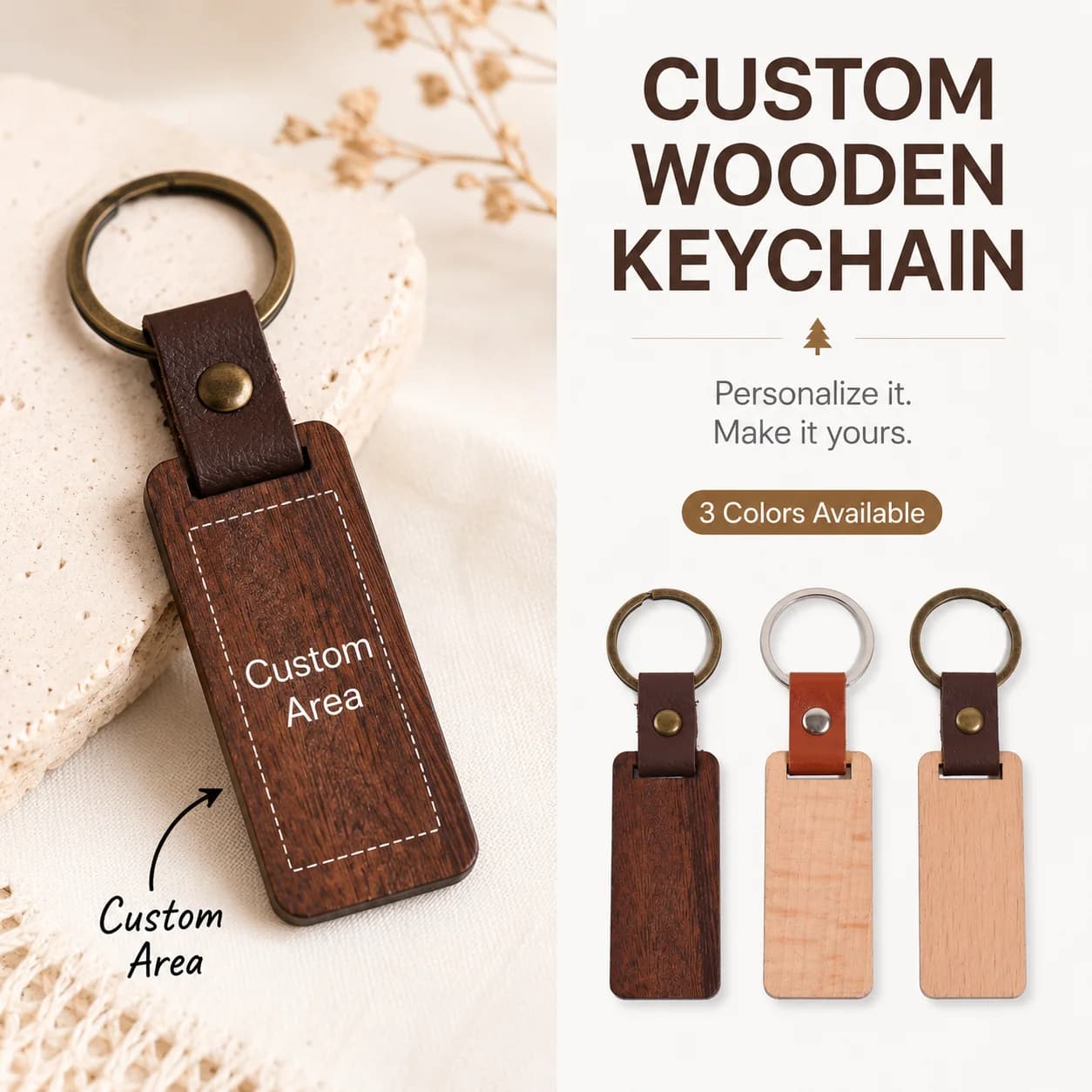 Personalized Custom Wooden Keychain Laser Engraving Name Logo Gift for Men Women Birthday Anniversary Valentine's Day