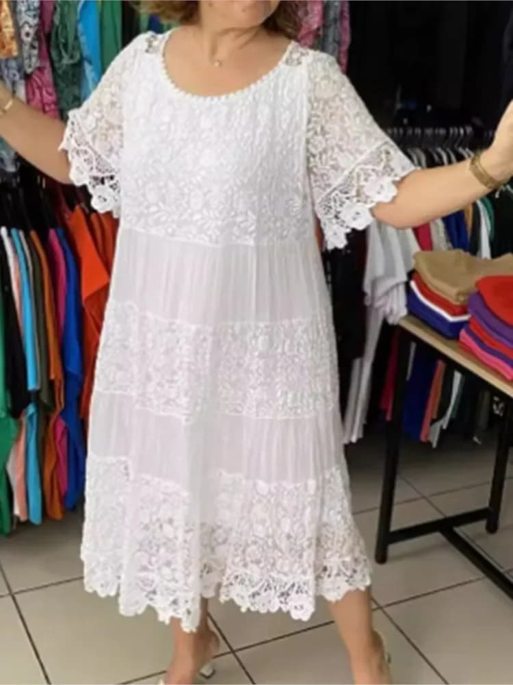 Moda donna abito in pizzo bianco estate manica corta o collo abito longuette allentato abiti lunghi casual da vacanza Robe Femme