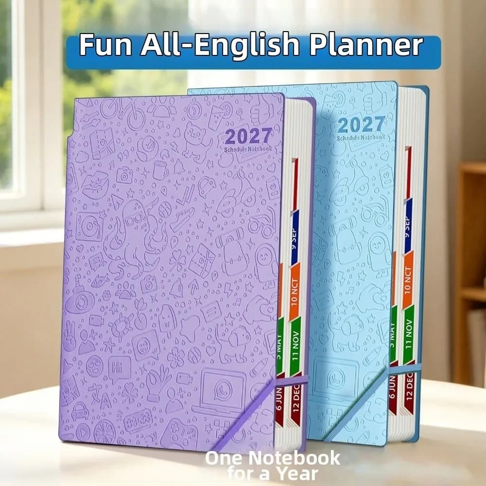 Embossed Cover 2027 English Planner Notebook Elastic Band Pen Holder Daily Schedule Book Lined Pages Monthly Index
