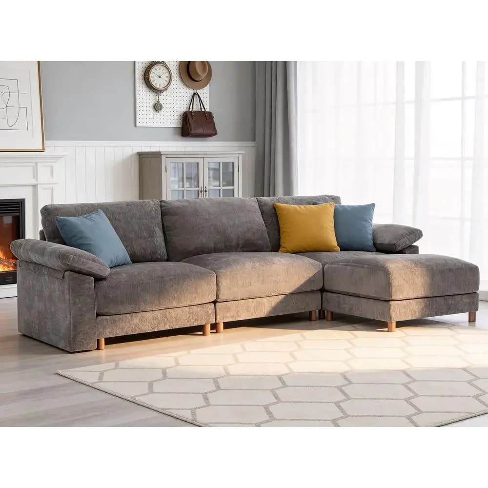 Large Gray L-Shaped Sectional Sofa with Deep Seats and Washable Covers for Living Room and Bedroom
