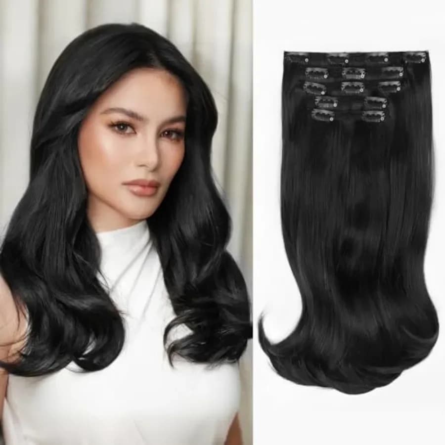Hair Extensions, 4PCS Clip in Hair Extensions, 16 Inches Black Long Wavy Natural Soft Synthetic Hairpieces for Women