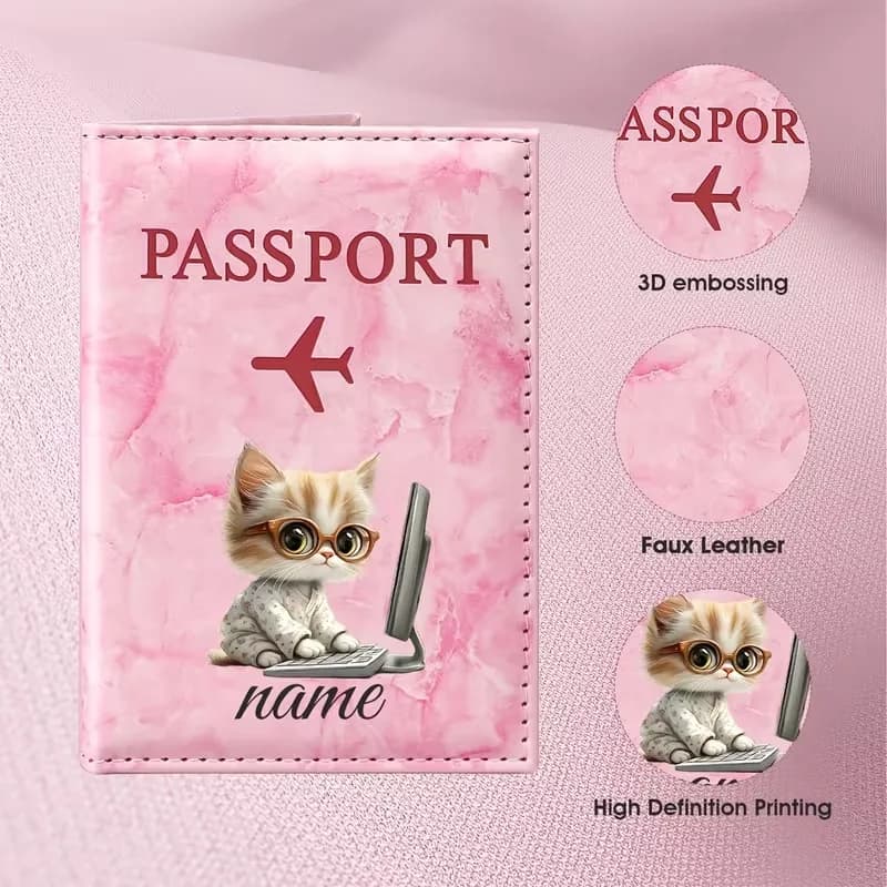 Personalized Custom Name Cute Cat Illustration Design Passport Holder, Featuring Adorable Cats And Laptop Elements That Present