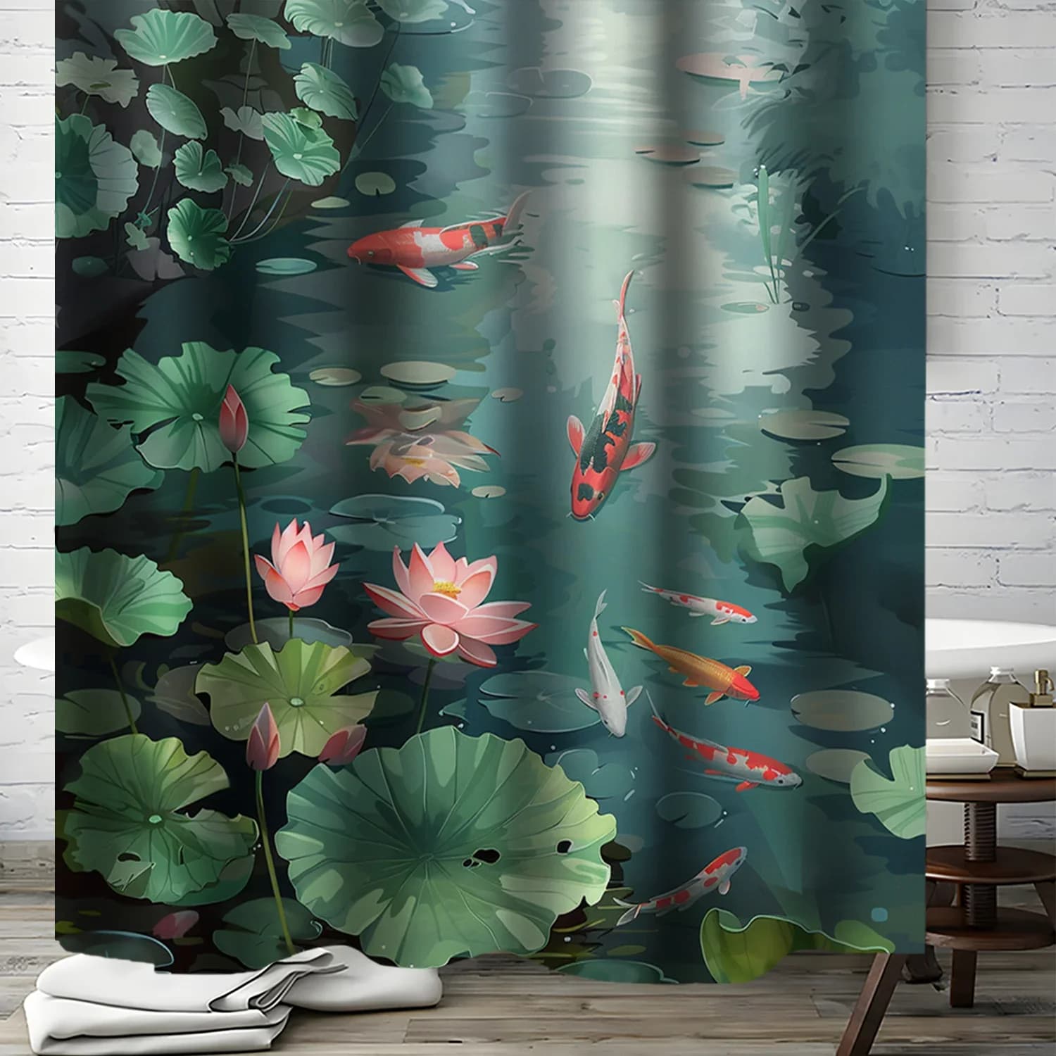 Tenda da doccia Serene Koi Pond - Decorazione da bagno multi-stile, perfetta per quelle che amano disegni pratici e ispirati alla natura