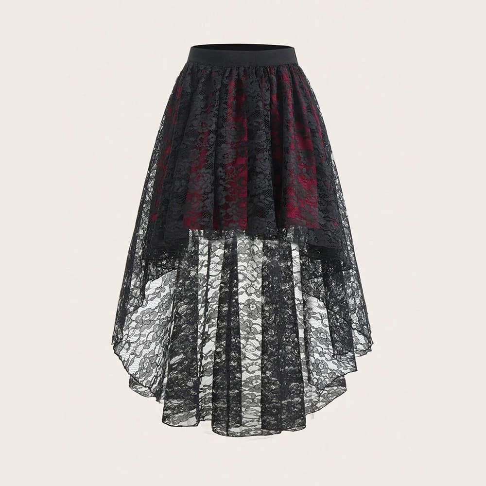 Plus Size Gothic Elegant Women Skirt Lace Front Short Back Long Fashion Irregular Hem High Waist Female Vacation Fashion Skirts