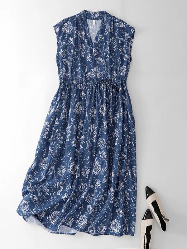 Retro Loose Fit V-Neck Sleeveless Midi Dress Dark Blue Floral Print Women's Summer Dress A-Line Skirt Dress Breathable Cotton