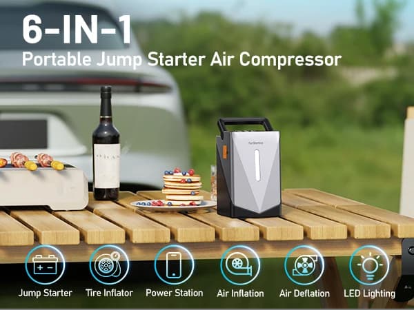 US EU Local Warehouse New Multifunctional 3 In 1 Car Jump Starter Tire Inflator Air Blower Integrated Emergency Power Bank Digital Display LED Lighting Smart Jumper Clips Portable Auto Roadside Breakdown Rescue Tool For Car Motorcycle Outdoor Camping