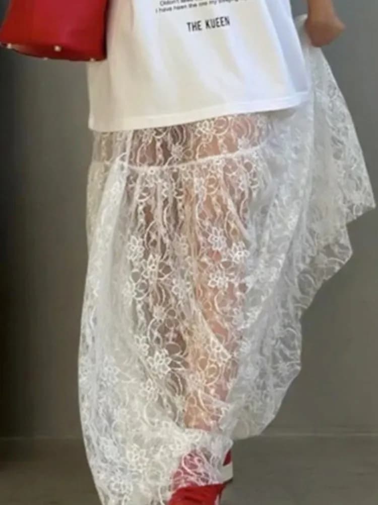 Abbigliamento Femminile, Gonna Sexy in Pizzo Trasparente, Nuova Gonna Ampia a Linea A, Versatile, Tinta Unita, Stile Semplice, Elegante e Trendy