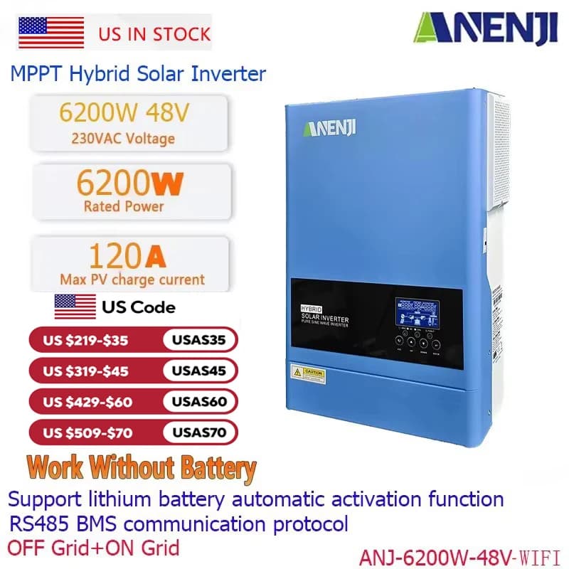 Inverter Solare Ibrido ANENJI 6.2KW 4.2KW 48V 24V 230Vac, Inverter Fotovoltaico a Onda Pura 120A 100A con Caricatore Solare MPPT PV 500VDC