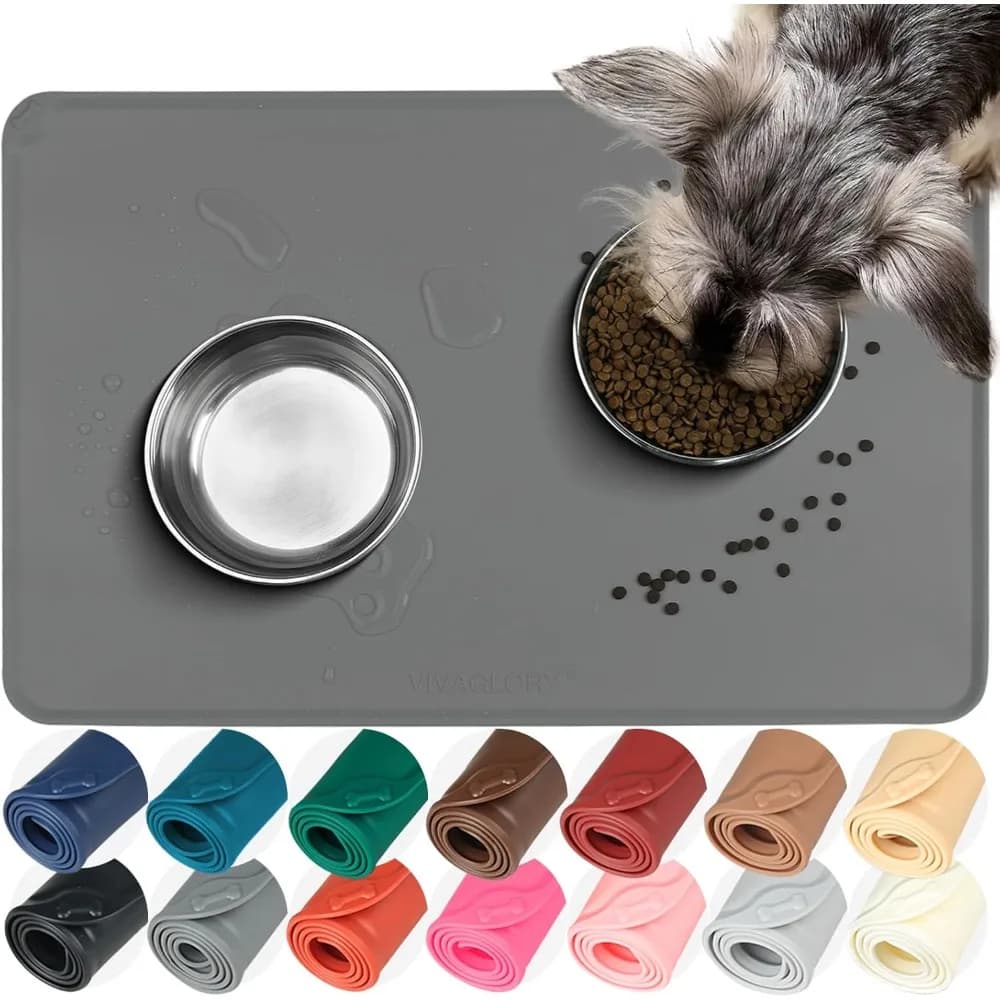 Dog Food Mat Flexmat Dog Bowl Mat, Placemat Food Tray with Raised Edges & Lip for Indoor Floor, Non Slip Waterproof Silicone Dish Placemat for Cat & Pet, S, Grey