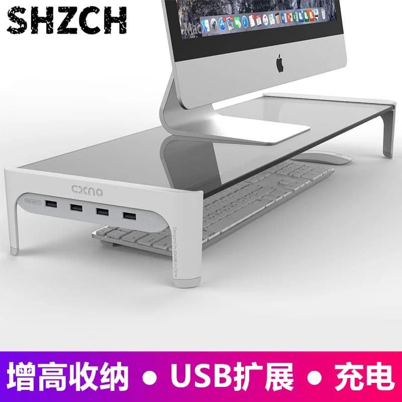 Adjustable Laptop Stand with USB Hub, Ergonomic Monitor Riser for Desk, Space-Saving Keyboard Tray & Cable Management