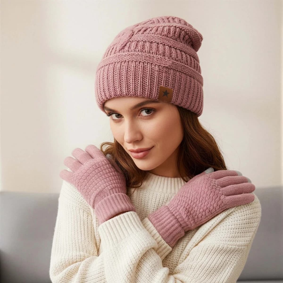 Unisex Winter Hats Fashion Knitted Hat for Men Women Beanie Cap Outdoor Plush Fur Lined Warm Five-pointed Star Decor Sports Hats