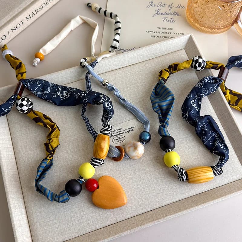 Trendy Patchwork Fabric Necklace Adjustable Scarf Choker Women Unique Artistic Handmade Statement Neck Jewelry