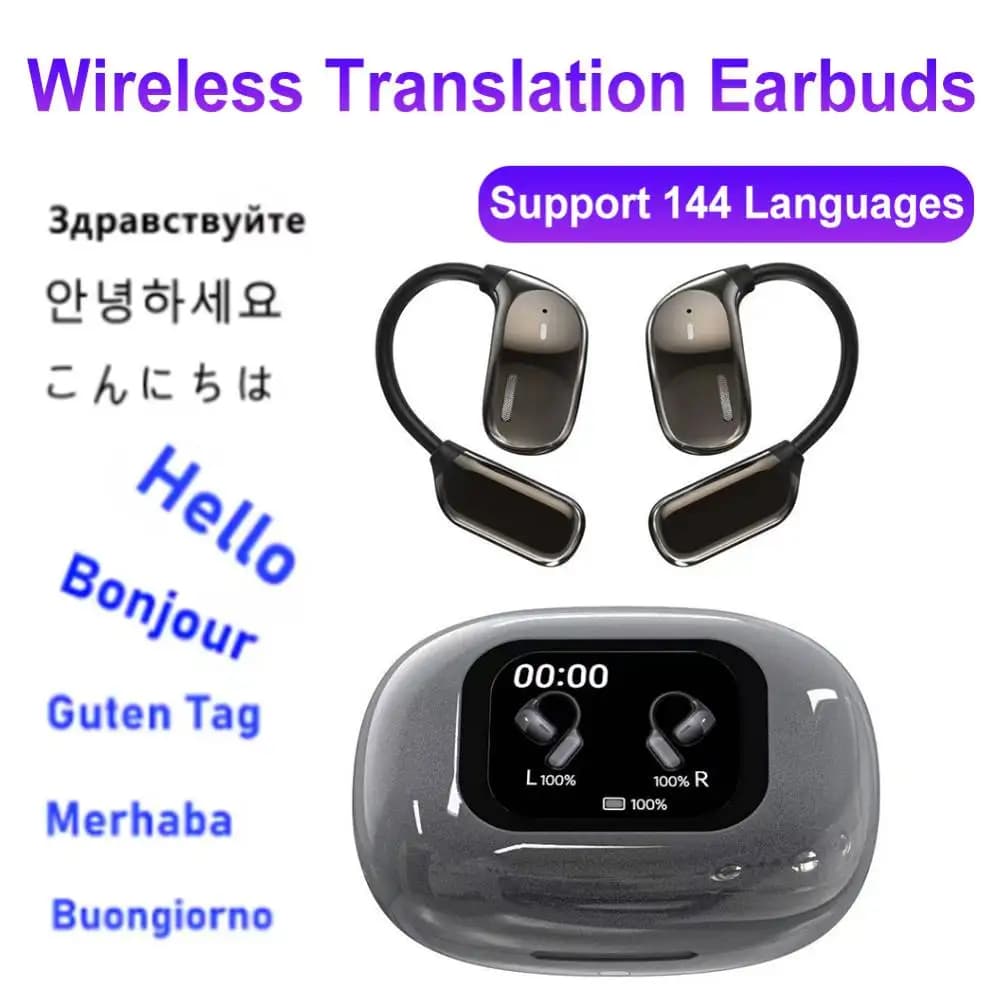 Auricolari Bluetooth con traduttore per 144 lingue, auricolari intelligenti con traduzione AI in tempo reale, cuffie wireless per la traduzione.