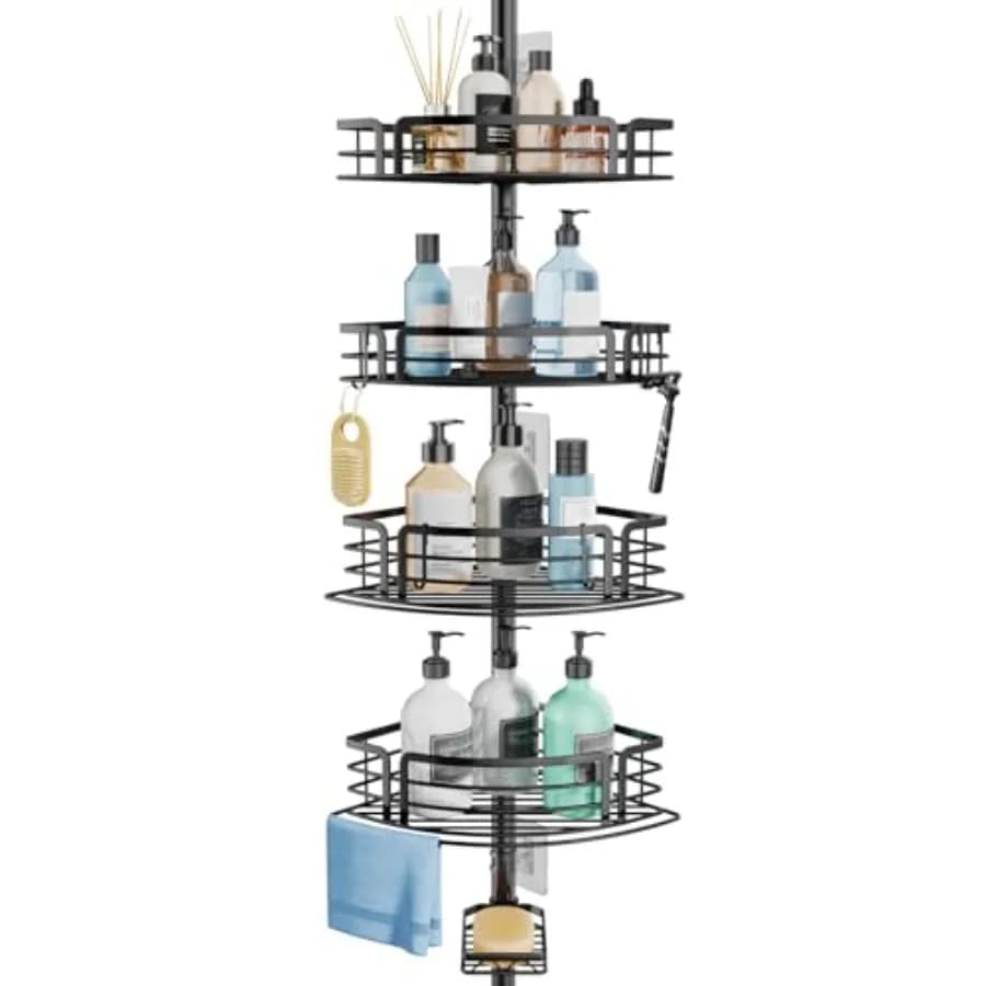 Corner Shower Caddy Tension Pole - Rustproof Shower Shelves with Towel Bar and Soap Holder, Adjustable Bath Organizer for Bathr