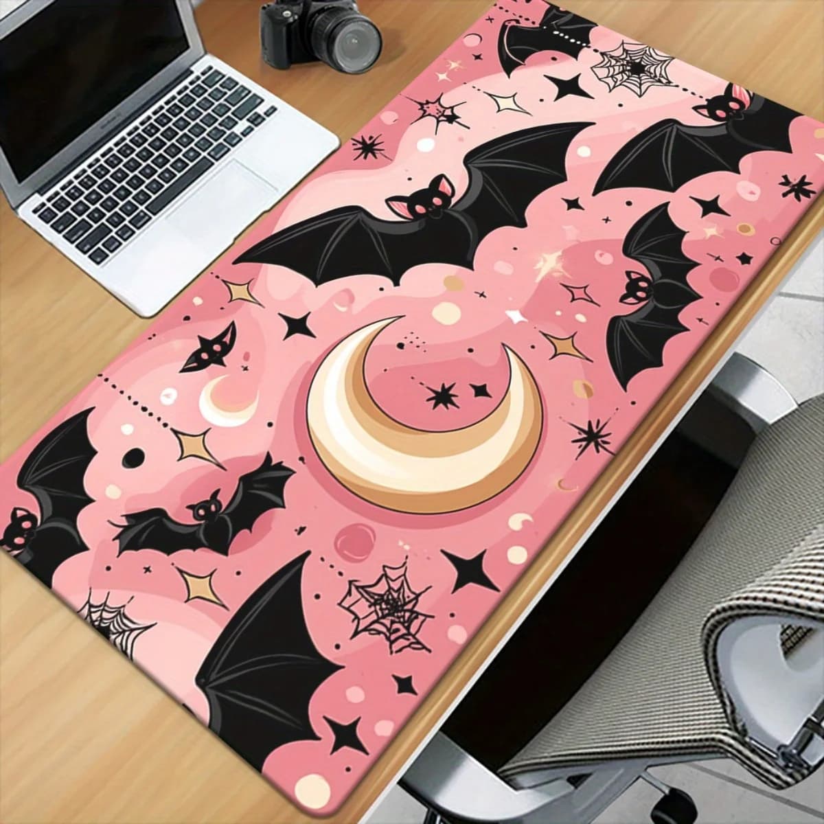 Tappetino per mouse gotico carino - Design con pipistrello rosa e luna, tappetino da gioco grande, base in gomma antiscivolo, superficie liscia per PC e laptop