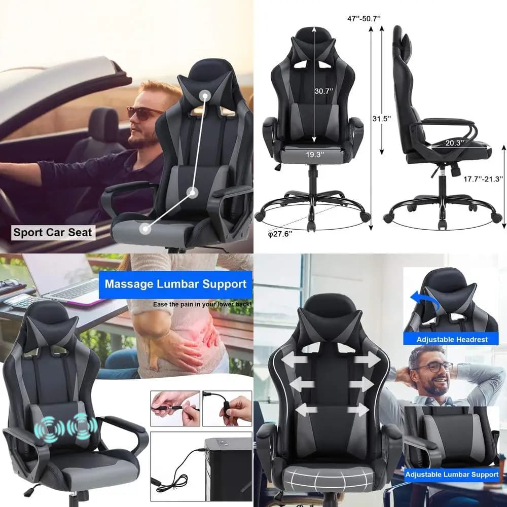 Sedia da Gaming Ergonomica con Schienale Alto, Massaggio, Supporto Lombare Regolabile e Funzione Reclinabile per Uso PC e Ufficio