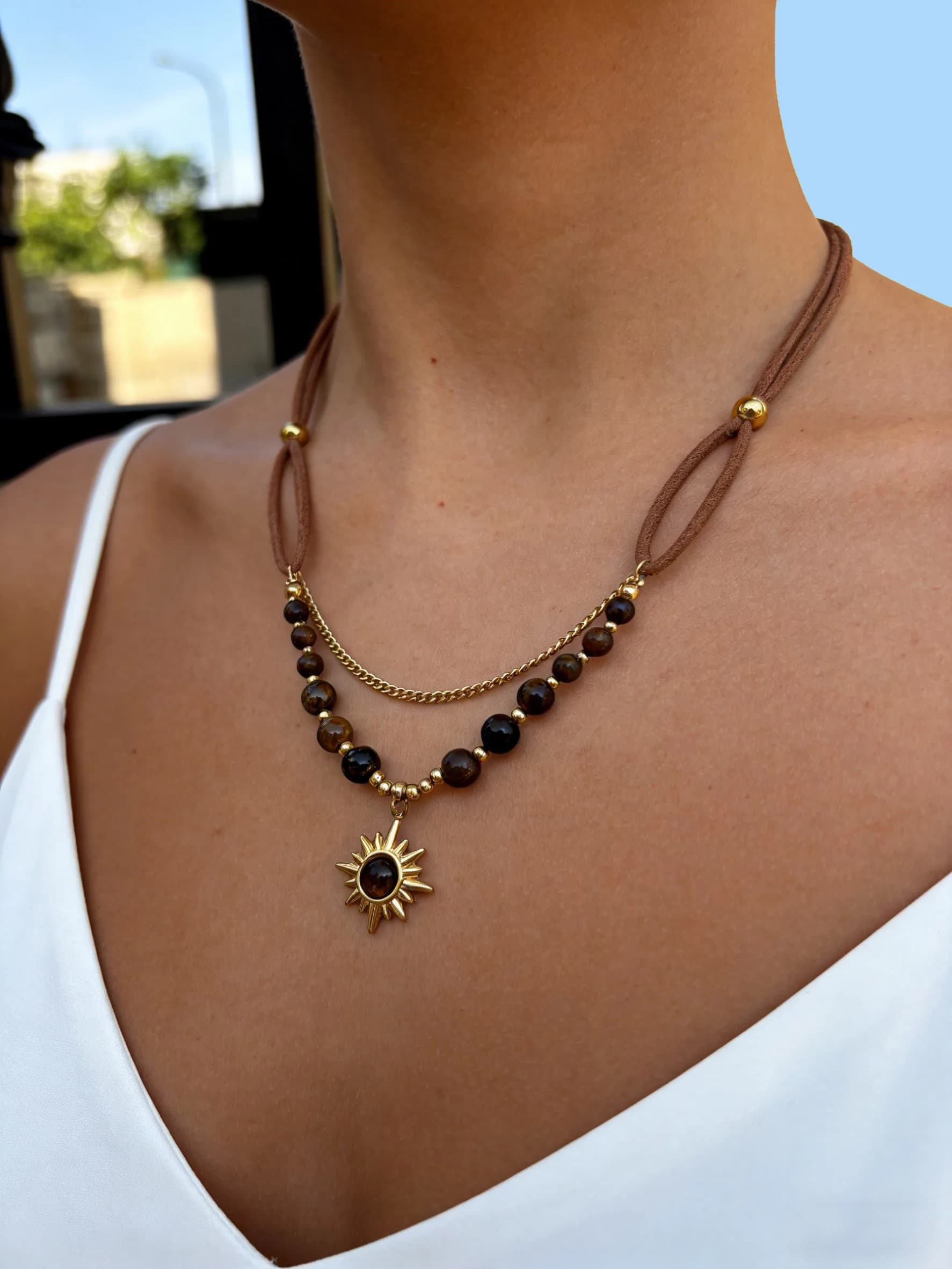 Women's Necklace Peri'sbox in Vintage Leather Brown Maillard with Natural Stone Pendant Tiger Eye, Fashion Jewel for a Stratified Look and Character