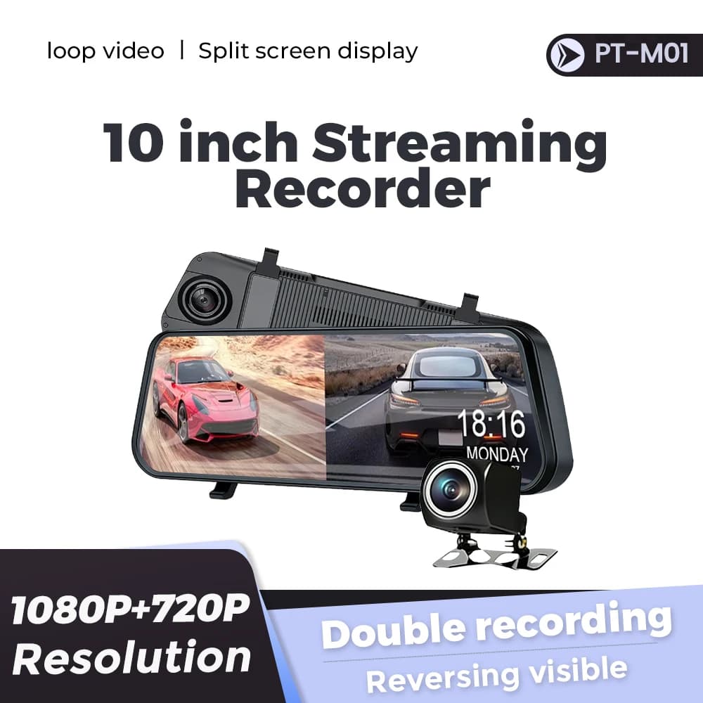 Nuova videocamera per auto con specchietto retrovisore da 10/12 pollici, registratore anteriore e posteriore, streaming video, touchscreen.