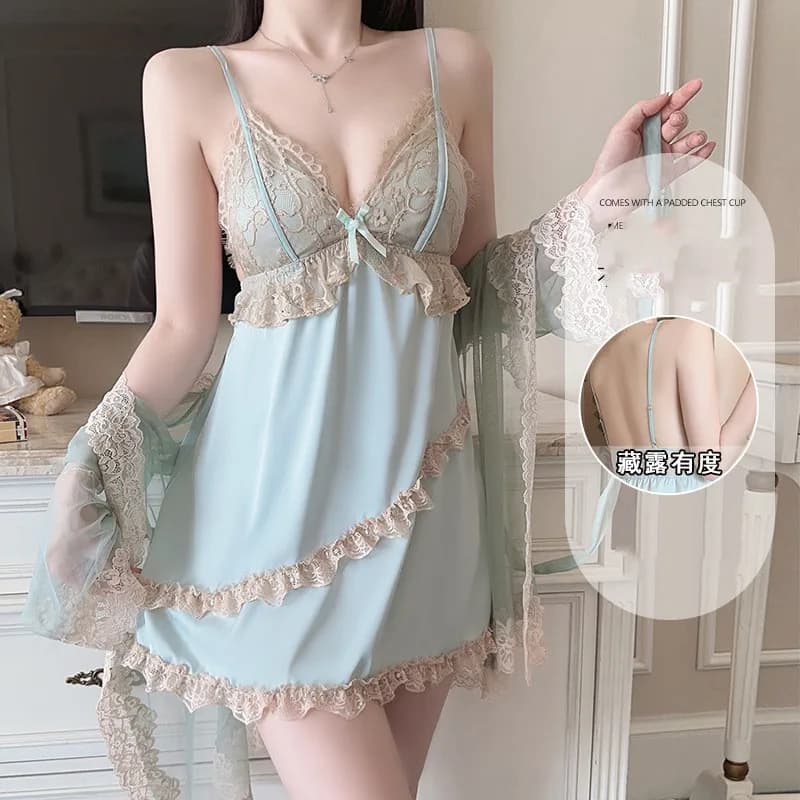 Set of sexy lace gown Twinset Nightgown with braces Nightgown Summer Bathrobe House Dress in loose silk satin