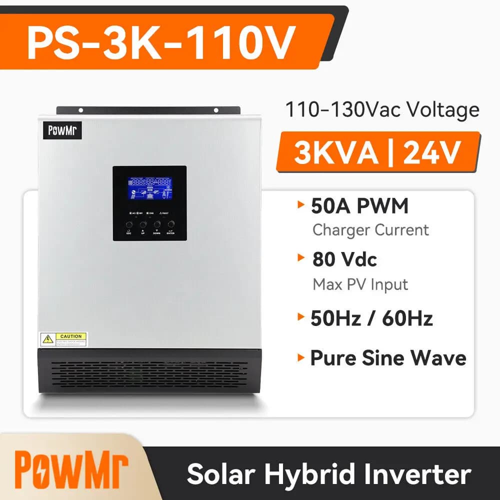 PowMr Inverter a Onda Sinusoidale Pura da 3000 Watt 24V, Inverter Ibrido 110V con Regolatore PWM 50A, Inverter Solare con Ingresso PV Massimo 80V per Batterie LiFePo4