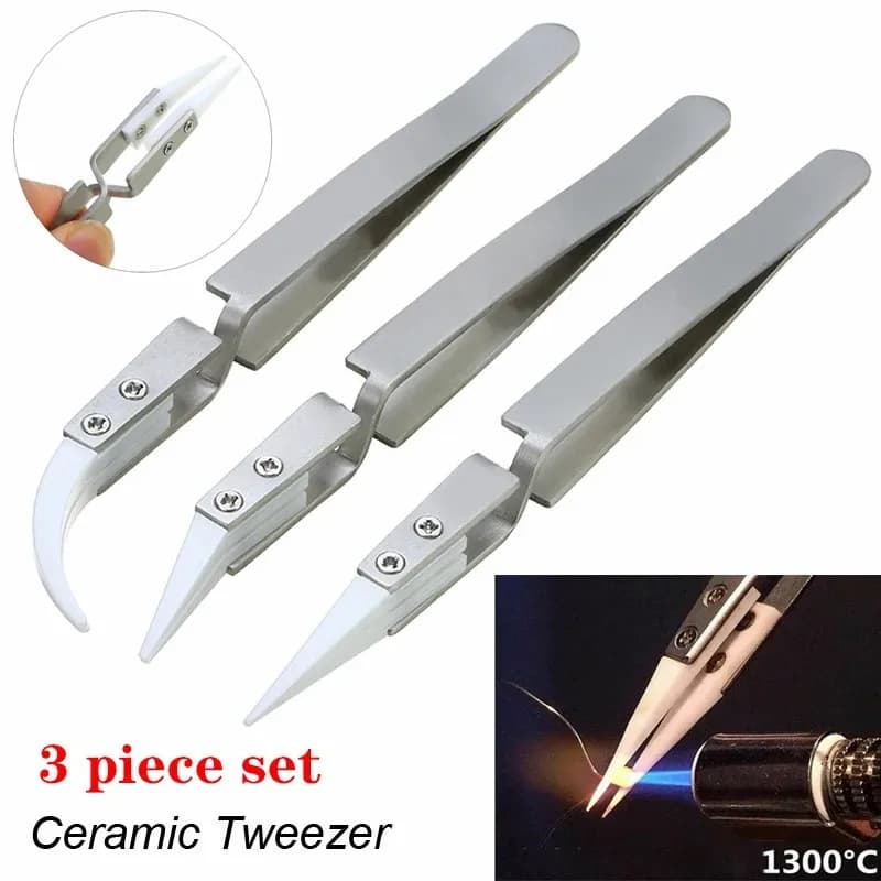 3Pcs Ceramic Straight Tip Anti-Static Welding Tweezers, Acid Resistant Precision Ceramic Cross Silver Clamp for Electronic Solde