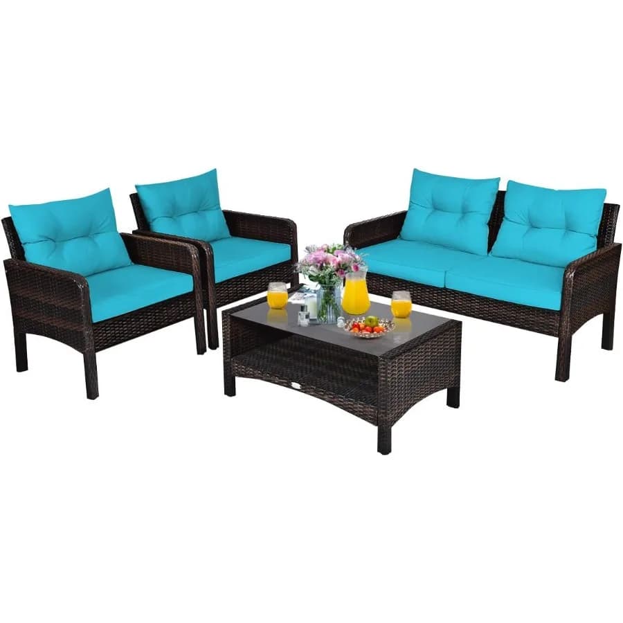 Set di mobili da giardino da 4 pezzi Divano componibile in rattan di vimini con cuscino Tavolino a due posti con vetro temperato e