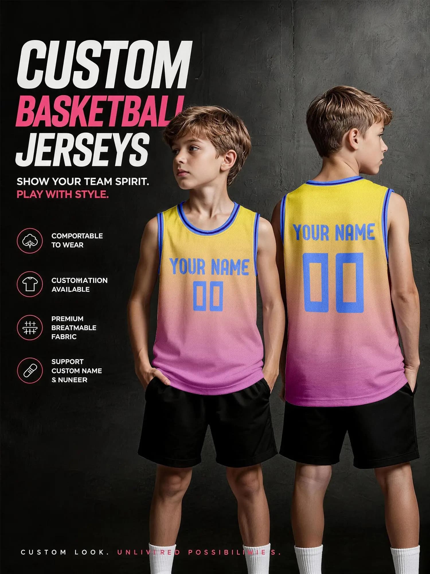Yellow‑Pink Gradient Blue Trim Custom Basketball Jersey Set, Breathable Quick‑Dry Uniform for Kids Adults, Print Name Number