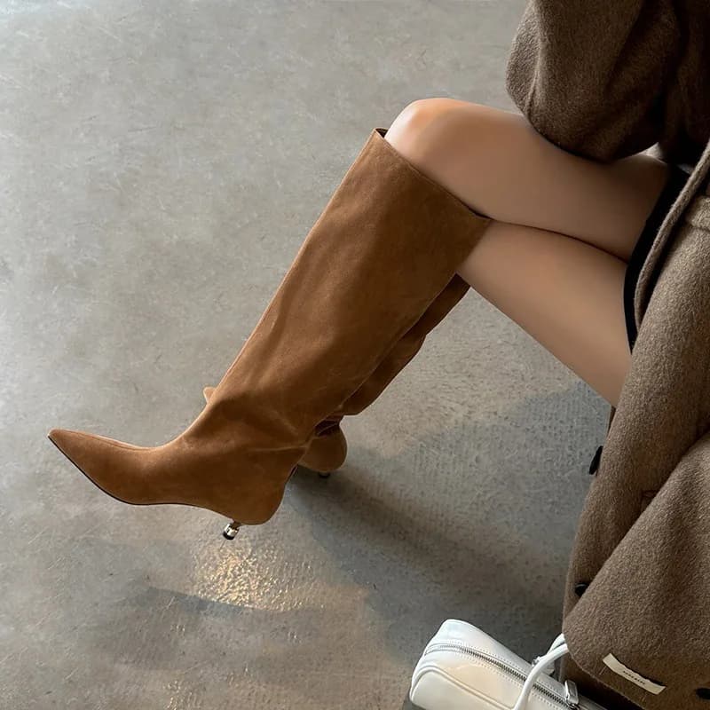 Arden Furtado Autumn Leather Suede Brown Heel Cat Kitten Modern Boots Pointe brief-on Boots Knee Boots Simple style large size