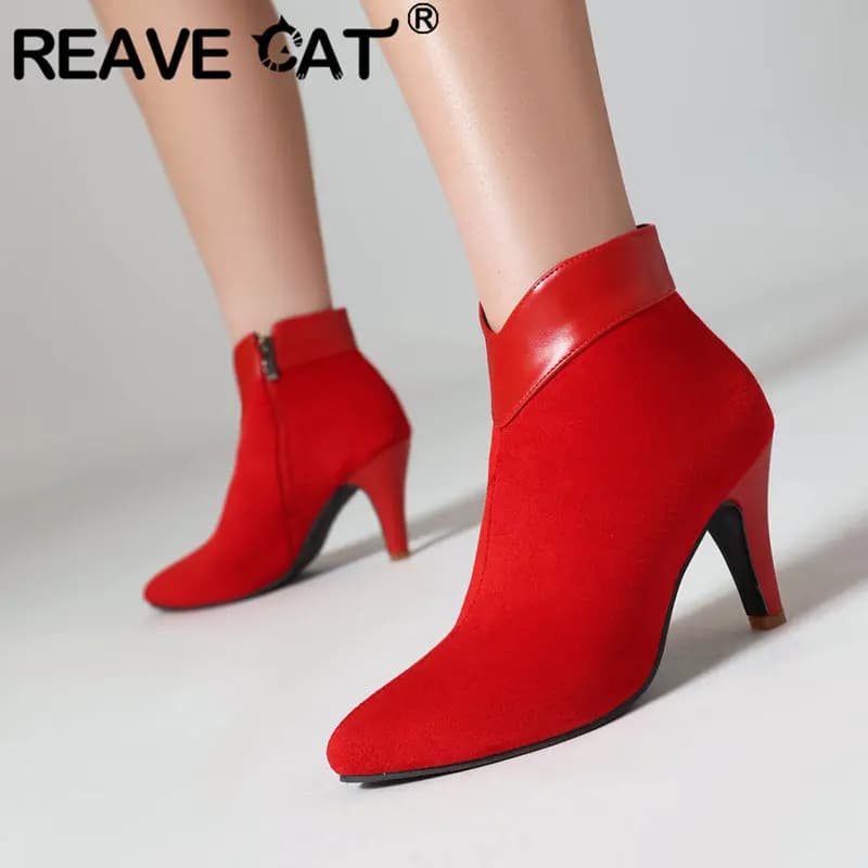 REAVE CAT Size 46 47 stivaletti da donna floccato in pelle scamosciata tacchi alti 8.5cm autunno elegante quotidiano Bota punta a punta 33