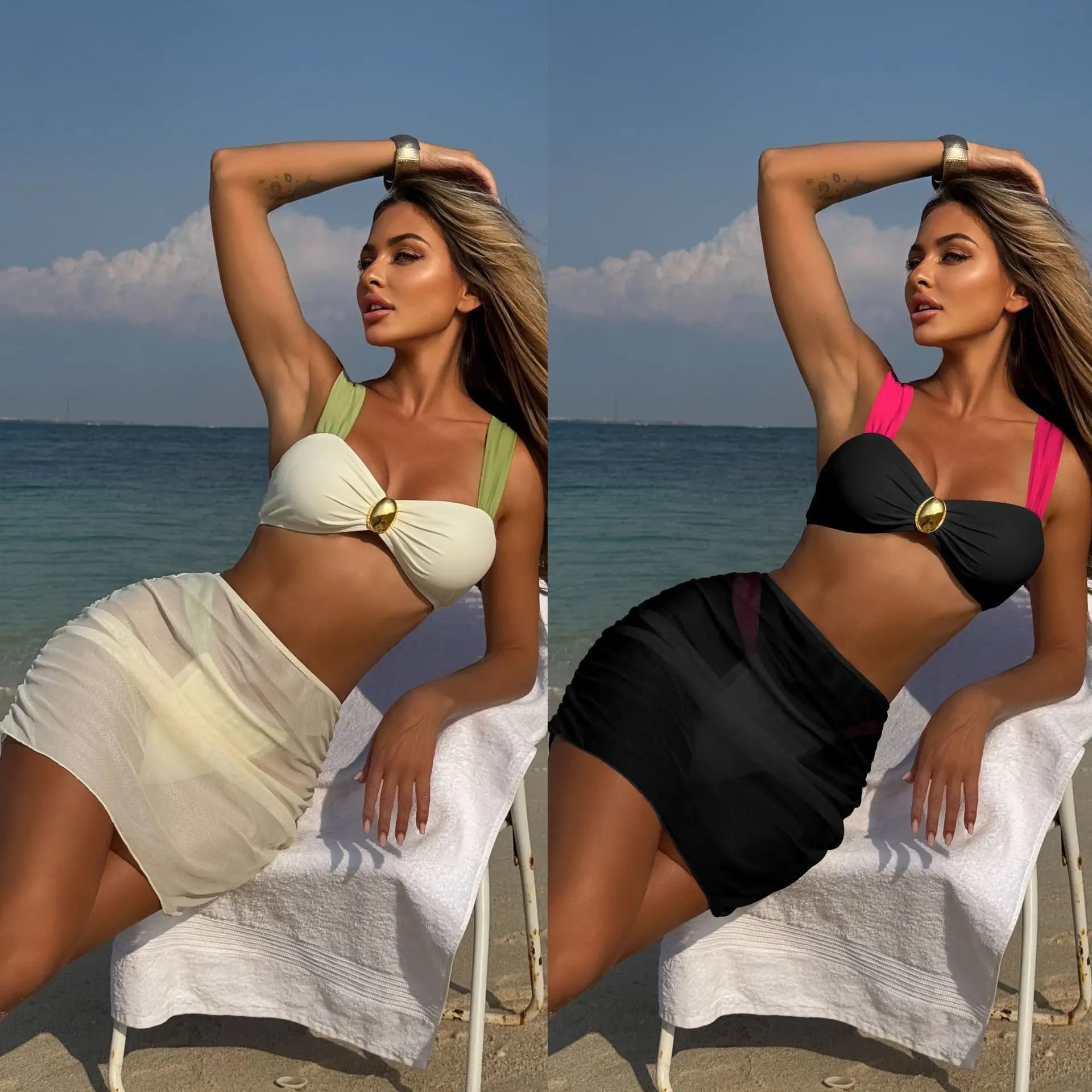 Nadanbao Costume da bagno diviso in colore patchwork bianco nero da donna Costume da bagno estivo a tre pezzi in rete trasparente sexy a vita alta