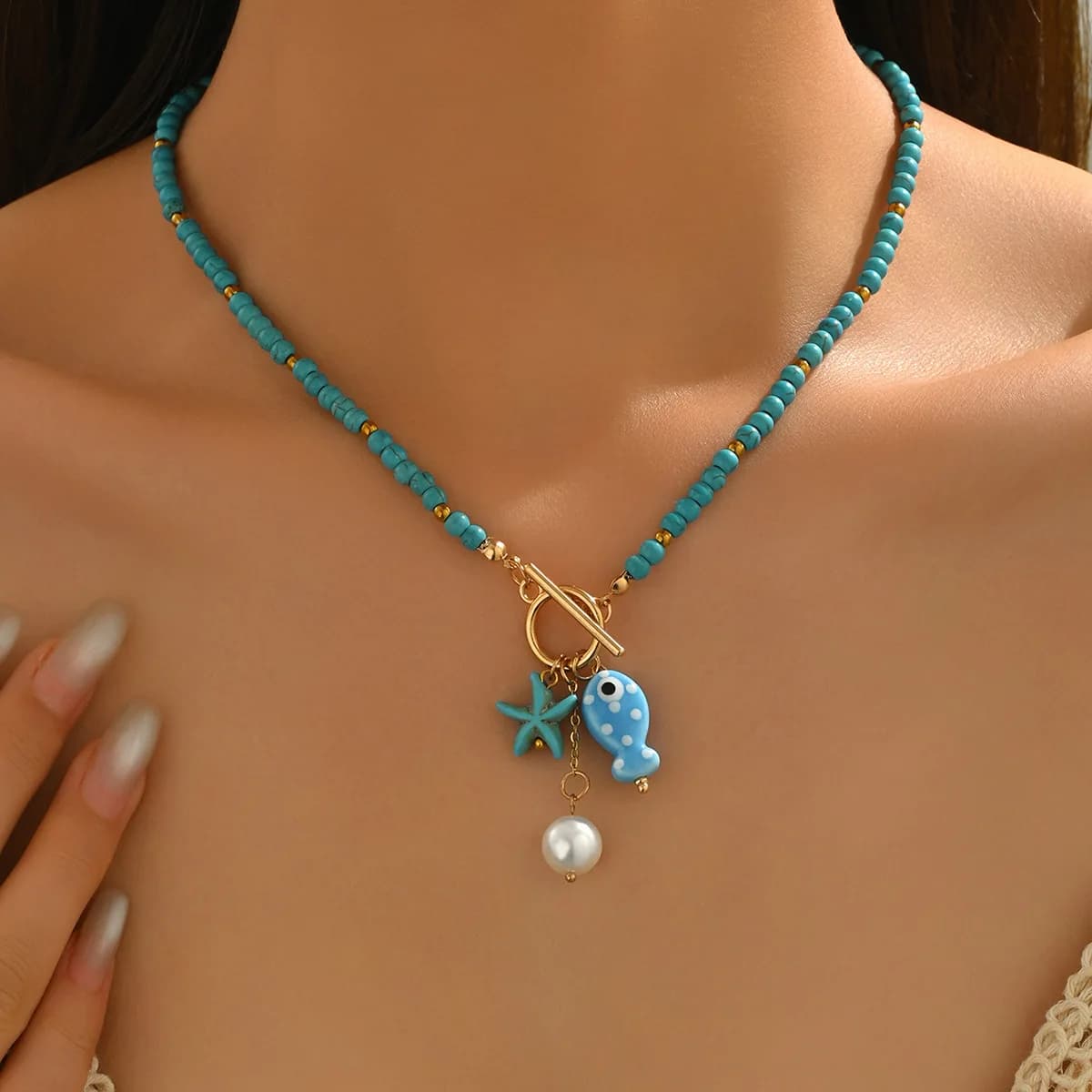 Collana con Ciondolo in Ceramica Ispirata al Mare, Pesce e Stella Marina, Perline Colorate Arcobaleno Dopamina, Gioielli da Spiaggia