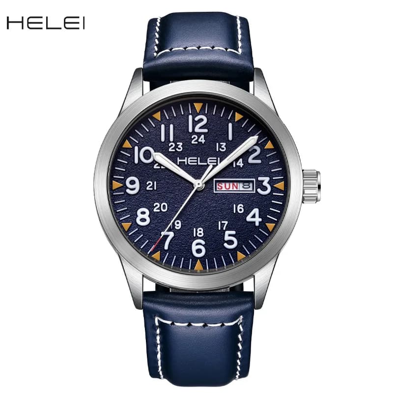 New brand HELEI men's watch leather waterproof luminous watch quartz watch calendar week display