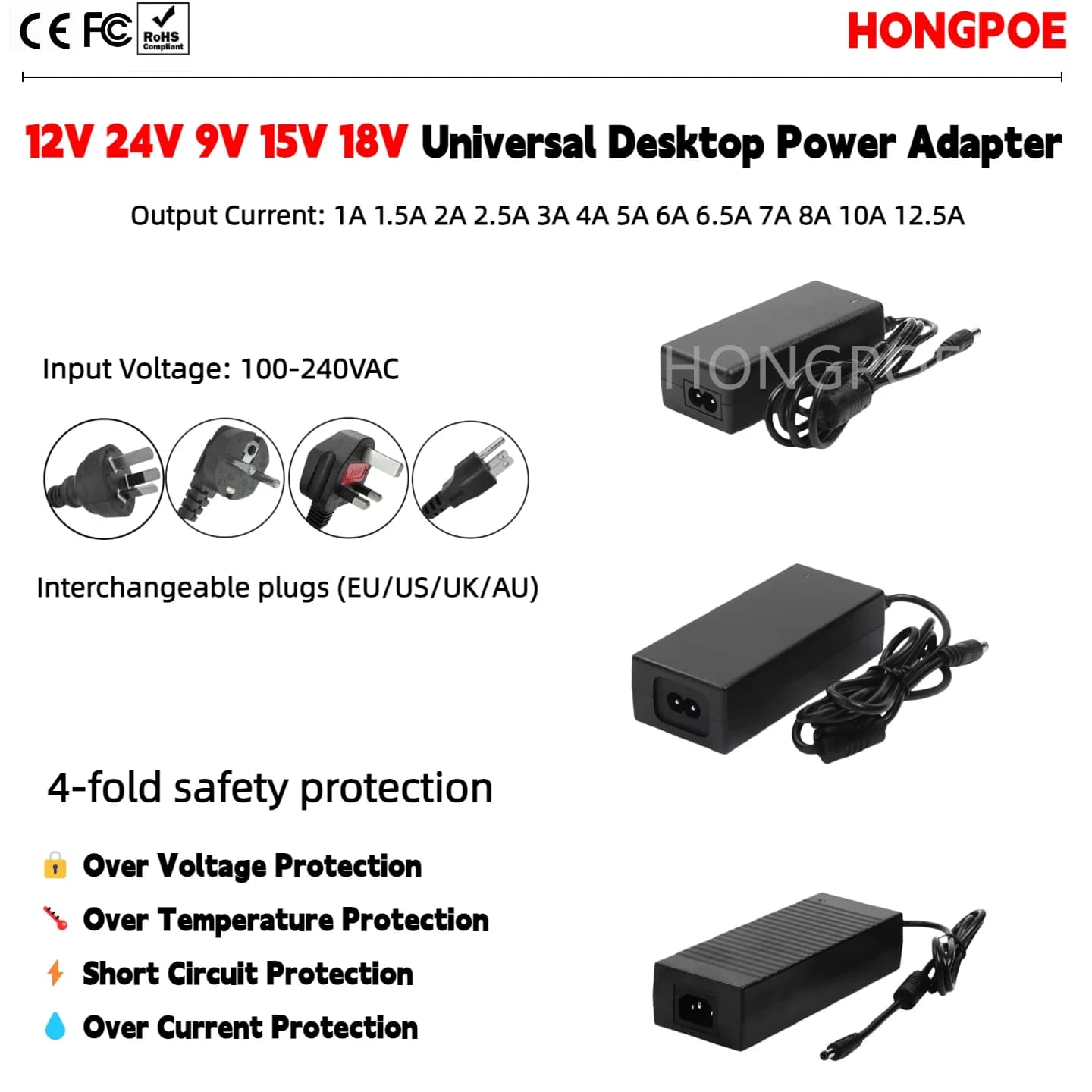 Adattatore di alimentazione CA multivoltaggio 9V 12V 15V 18V 24V, tensione di ingresso 100-240VAC, spina standard nazionale EU, US, AU, UK per TV LED.