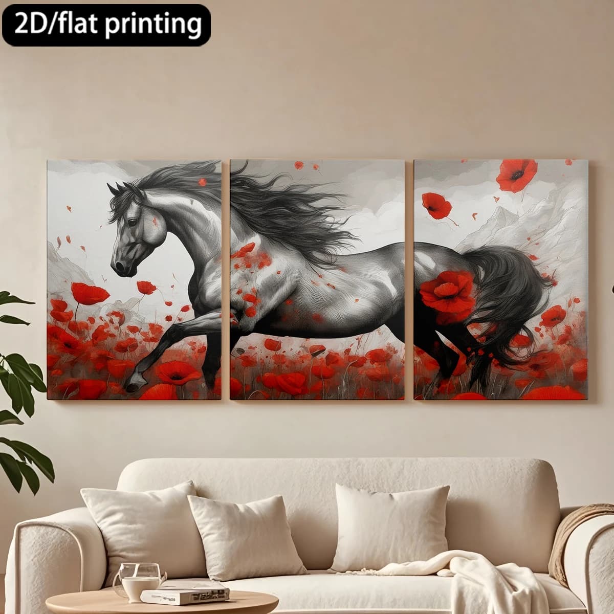 Decorative painting on canvas with wooden frame, 3 pieces. Horse running, red poppy field. Tende per camera da letto ikea.