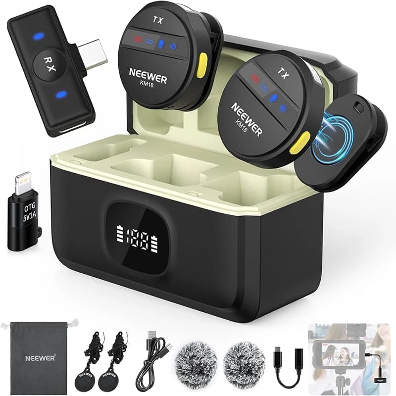Neewer KM18 Microfono Lav wireless con cancellazione del rumore e custodia USB-C, 24 ore 200 m per iPhone/Android/PC/laptop